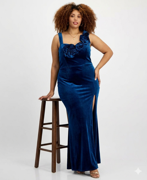 City Studio Women's Deep Teal Plus Size Velvet Floral-Trim Gown Dress | City Studio In Lebanon