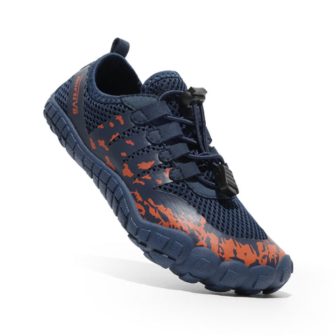 Navy running shoe with orange accents on a white background