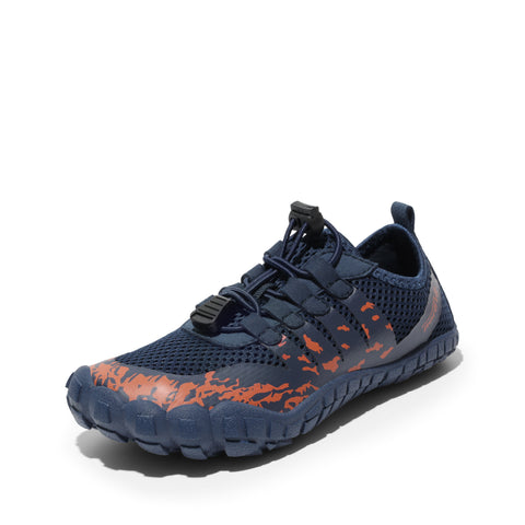 Navy blue water shoe with orange accents on a white background