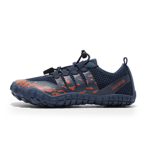 Blue and orange athletic shoe on a white background
