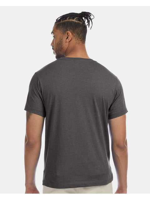 Man wearing a dark gray t-shirt on a white background