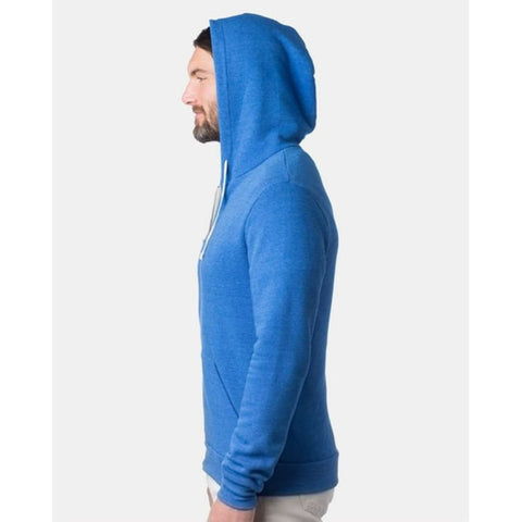 Person wearing a blue hoodie on a white background