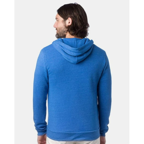 Man wearing a blue hoodie from behind on a white background