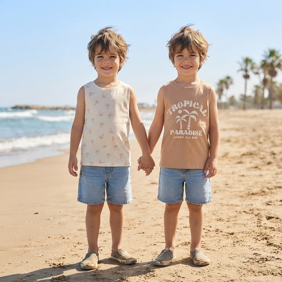 Sinsay Boy's Cream & Beige Printed Pack Of 2 Tank Top
