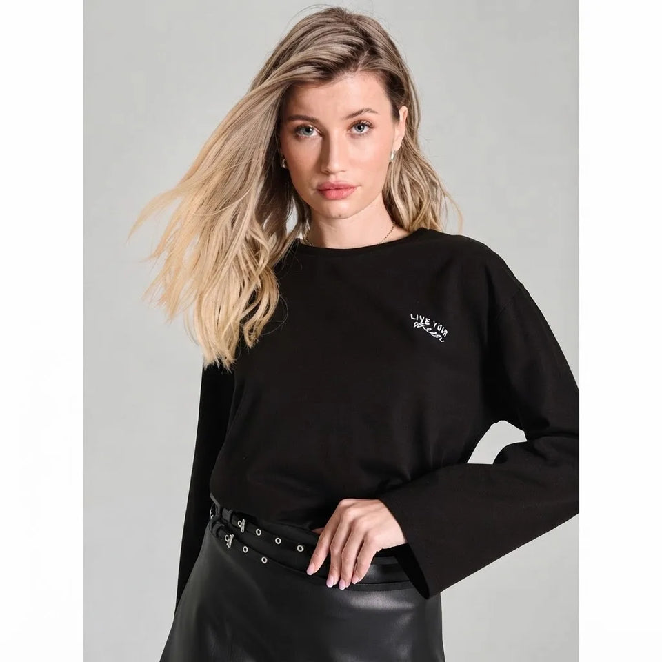 Sinsay Women's Black Chest & Back Printed Blouse