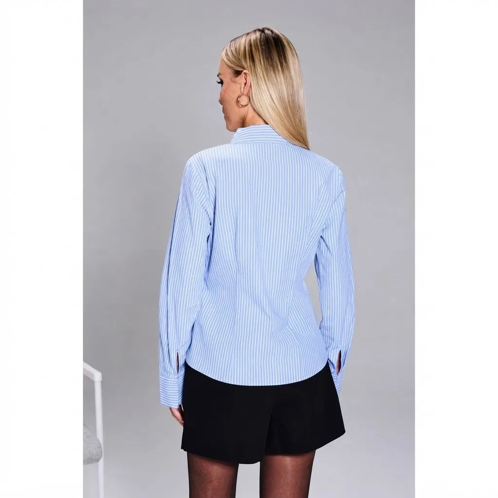 Sinsay Women's Light Blue & White Striped Long-Sleeves Shirt