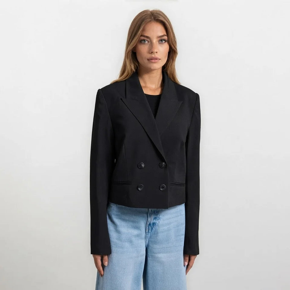 Sinsay Women's Black Cropped Double-Breasted Blazer