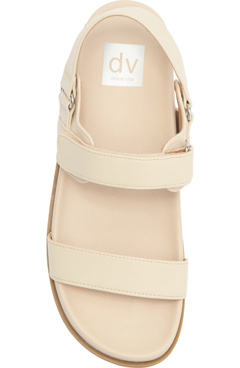 Beige sandal with 'dv' logo on a white background