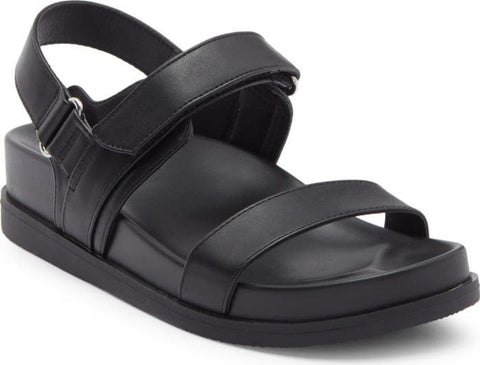 Black sandal with multiple straps on a white background
