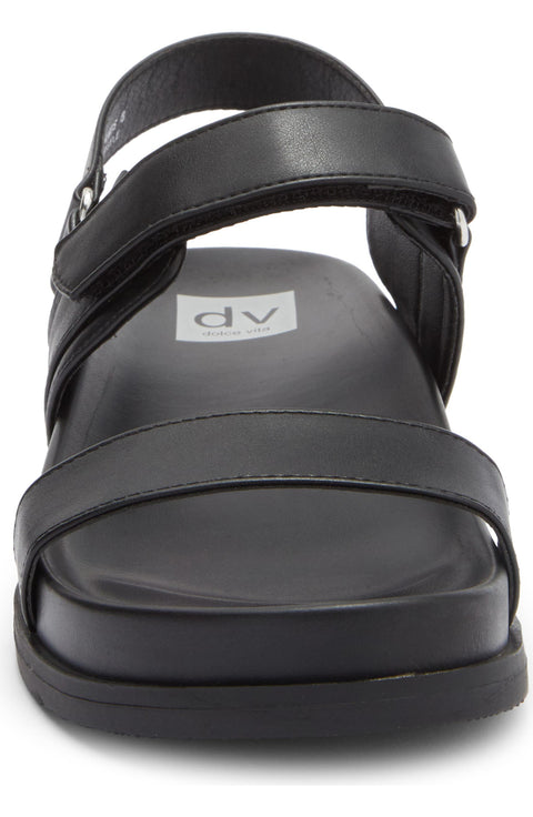 Black sandal with 'dv' logo on a white background