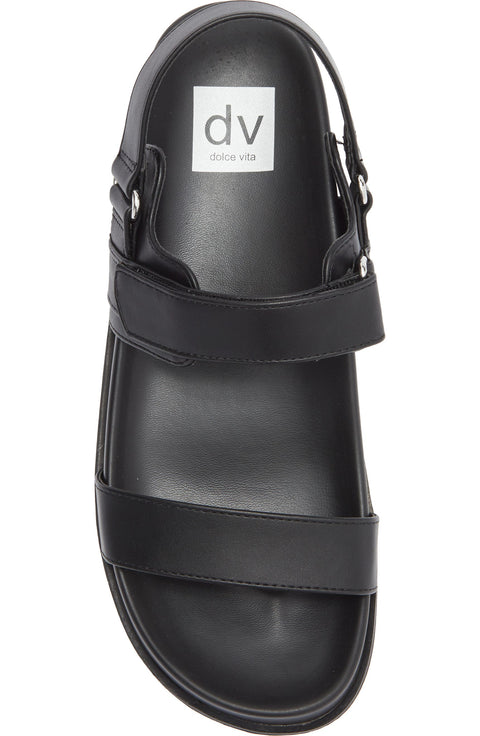 Black sandal with 'dv' logo on a white background