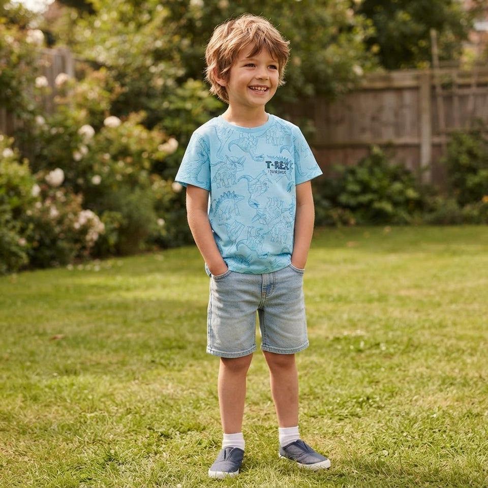 Sinsay Boy's Light Blue Dinosaur Line-Art Pattern T-Shirt