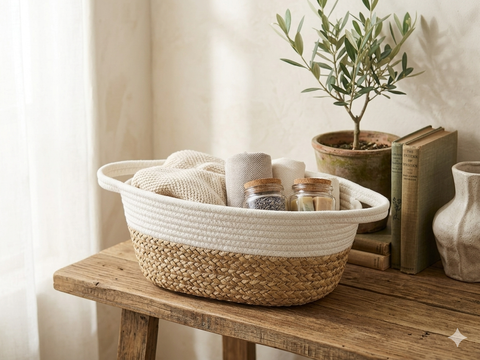 Woven basket on a wooden table with books, plants, and decorative items.