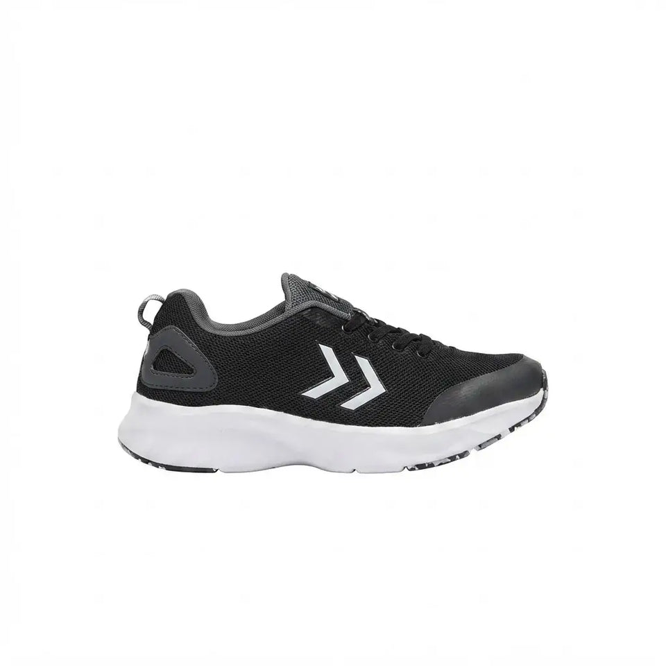 A black athletic sneaker with a white midsole and a white chevron logo on the side, shown in profile against a plain white background.