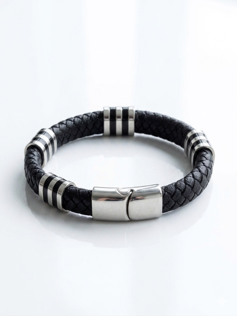 Rhona Sutton Men's Black Weaved Leather Stainless Steel Bracelet | Rhona Sutton In Lebanon