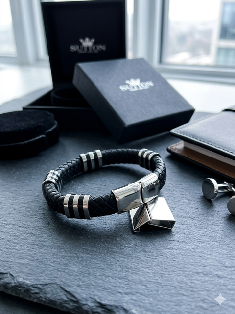 Rhona Sutton Men's Black Weaved Leather Stainless Steel Bracelet | Rhona Sutton In Lebanon
