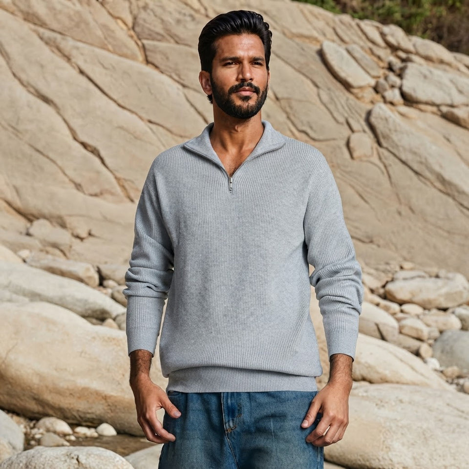 Sinsay Men's Light Grey Ribbed Stiff Collar Sweater