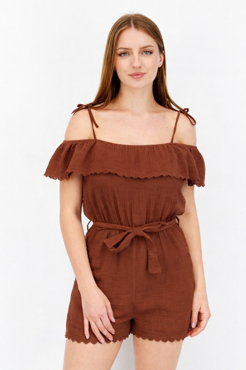 Don't Call Me Jennyfer Women's Brown Textured Cold Shoulder Romper | Don't Call Me Jennyfer In Lebanon