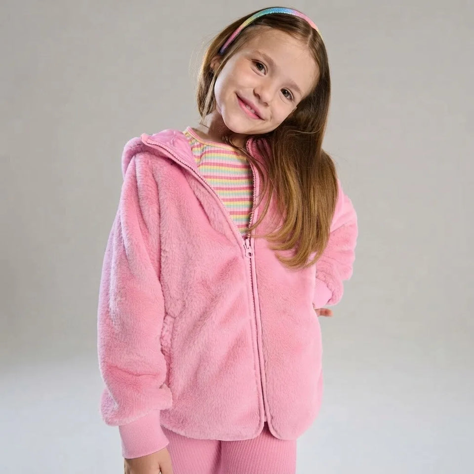 Sinsay Girl's Pink Back Printed Faux Fur Jacket