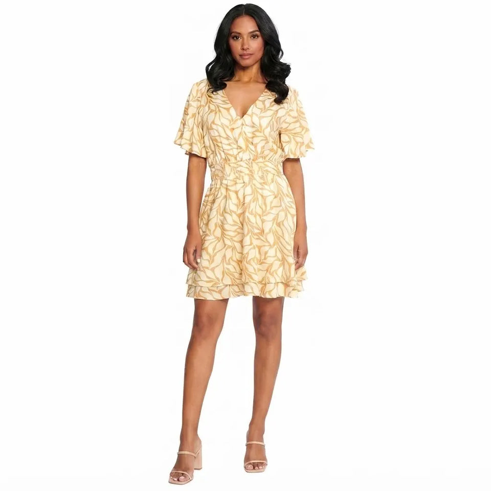 Sinsay Women's Yellow & White Leaf-Print Mini Dress