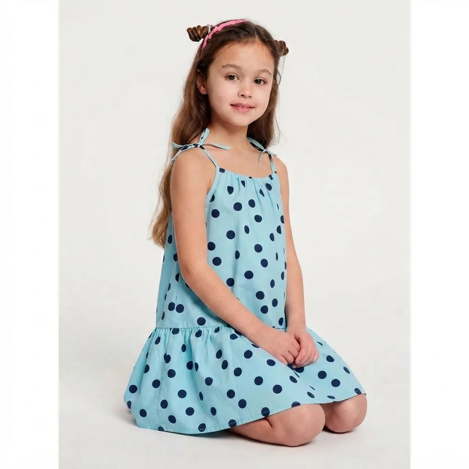 Sinsay Girl's Light Blue & Black Polka-Dot Tiered Dress