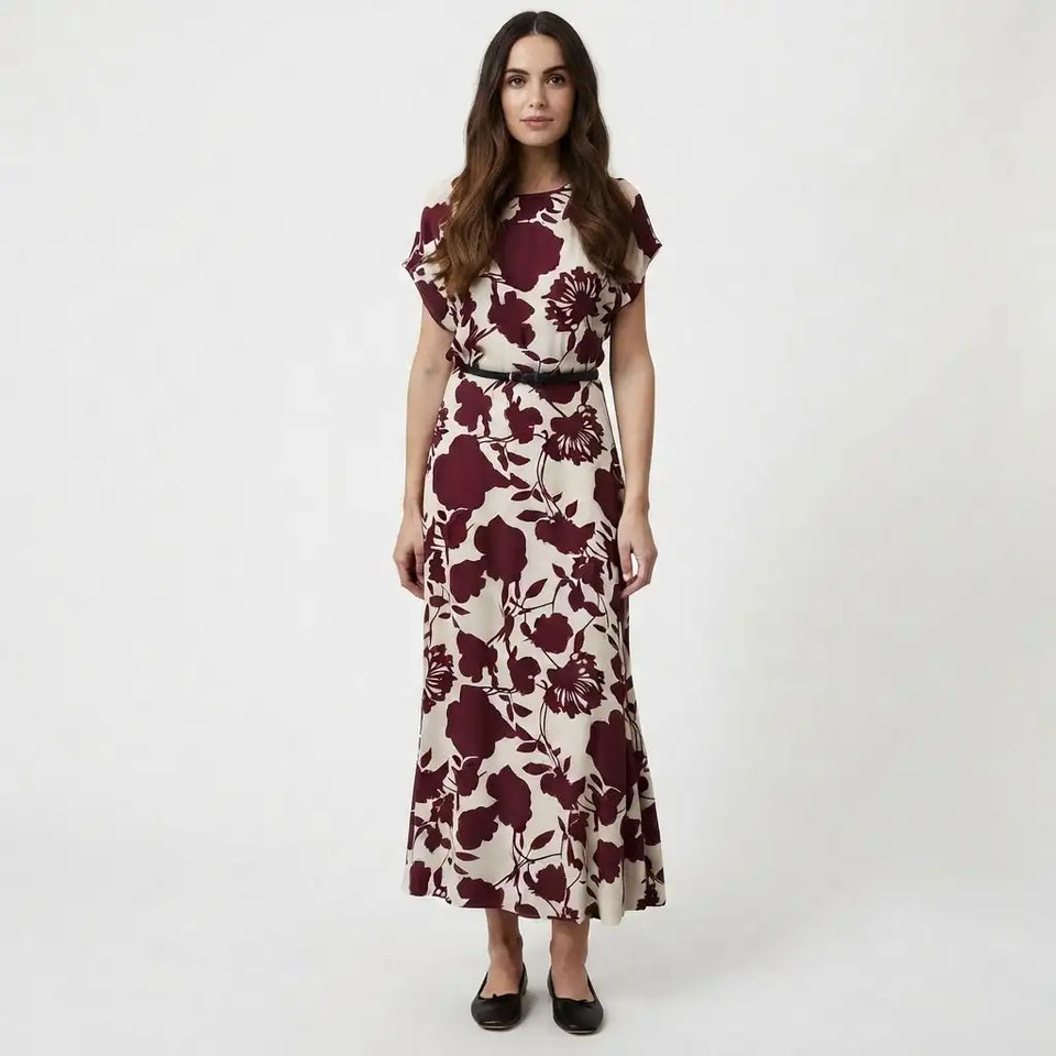 Sinsay Women's Burgundy & White Chic Floral-Print Maxi Dress