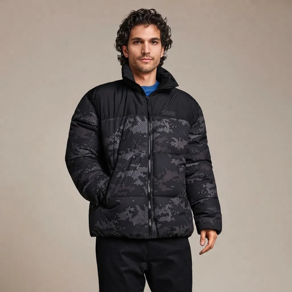 Sinsay Men's Black Camo-Print Quilted puffer Jacket