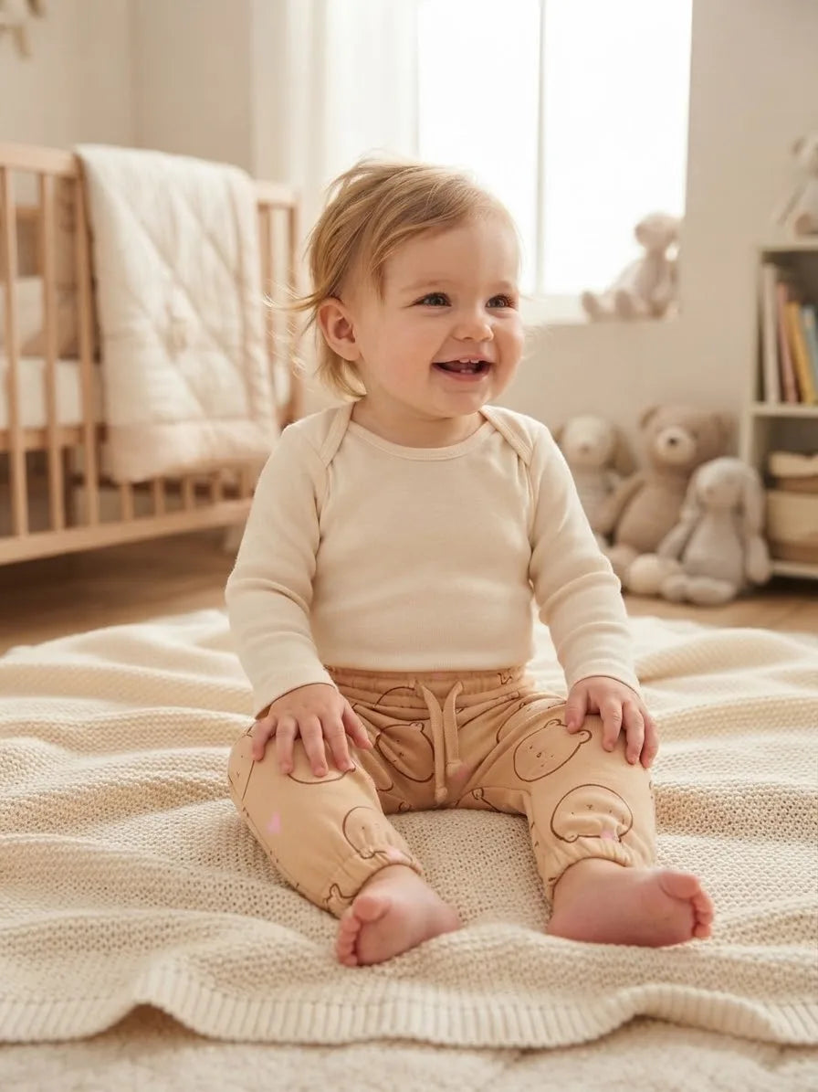 Sinsay Baby Girl's Beige All-Over Bear Face Printed Sweatpants