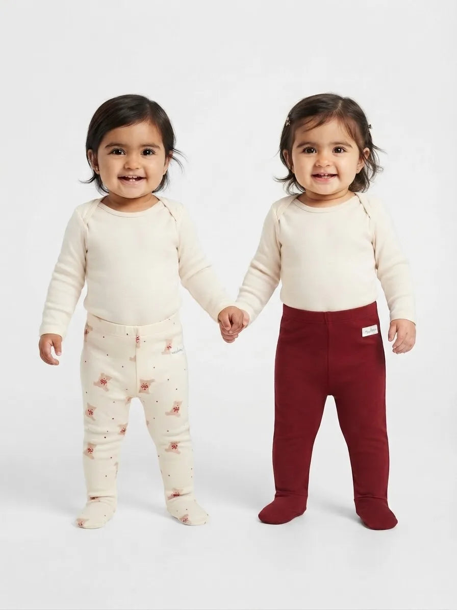Sinsay Baby Girl's Burgundy & Cream Printed Pack Of 2 Leggings