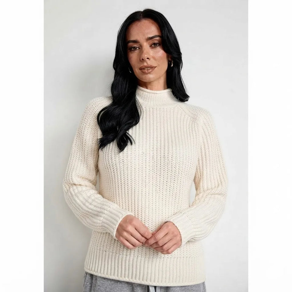 Sinsay Women's Cream Rib-Knit Mock Neck Sweater