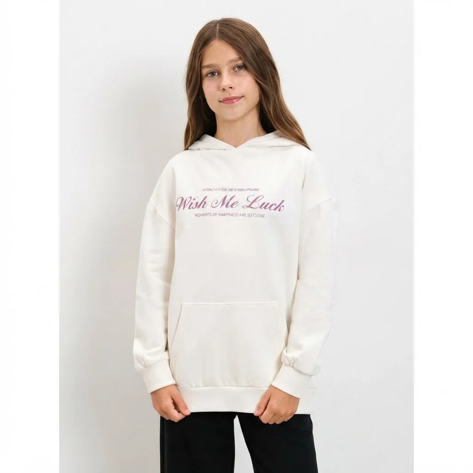 Sinsay Girl's Cream Printed Relaxed-Fit Pullover Hoodie
