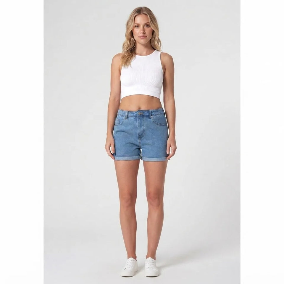 Sinsay Women's Blue Denim High-Waisted Rolled Cuff Shorts