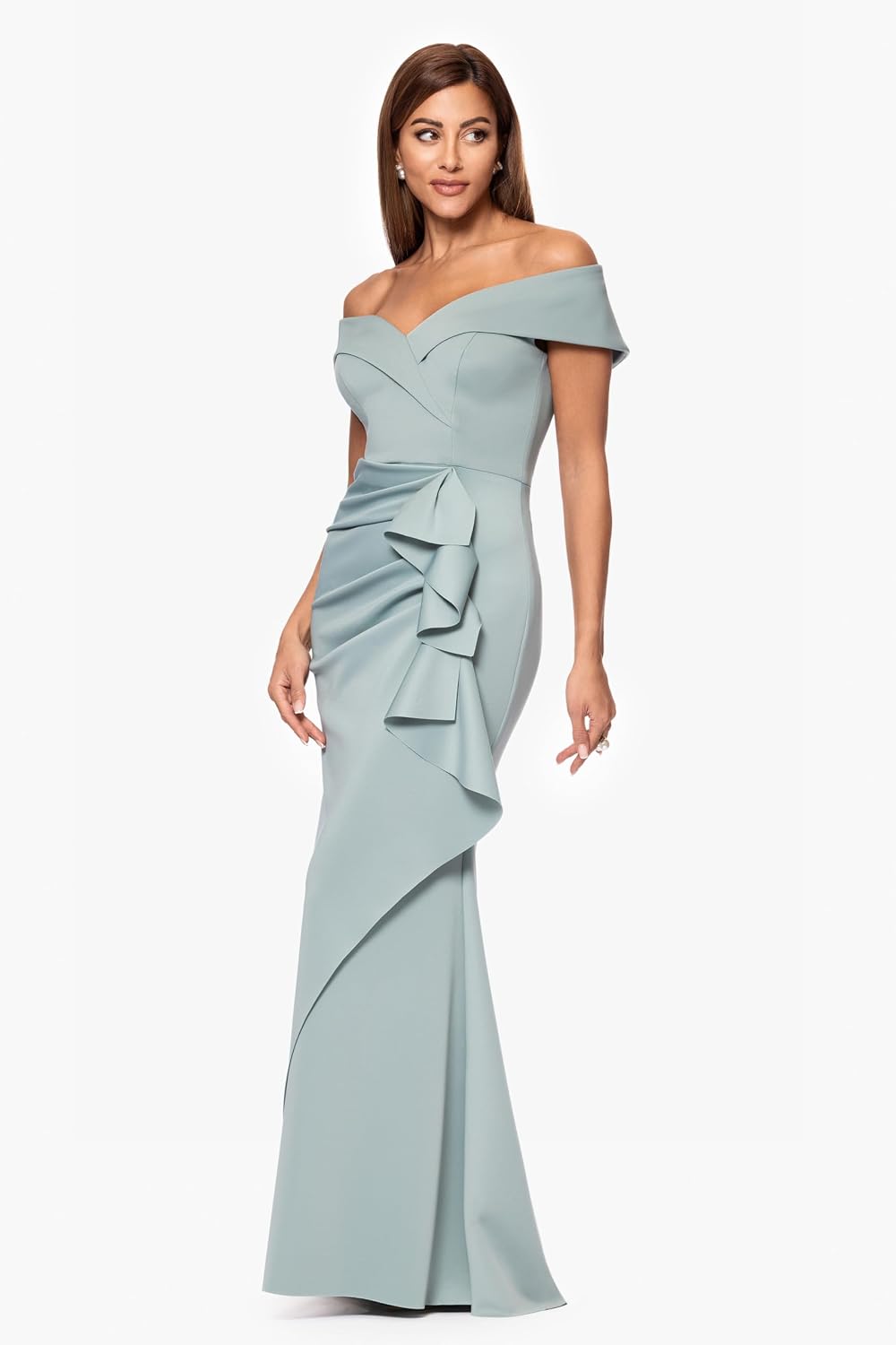 Xscape Women's Sage Petite  Techno Scuba Off the Shoulder Ruffle Floor Length  Dress| Xscape in Lebanon