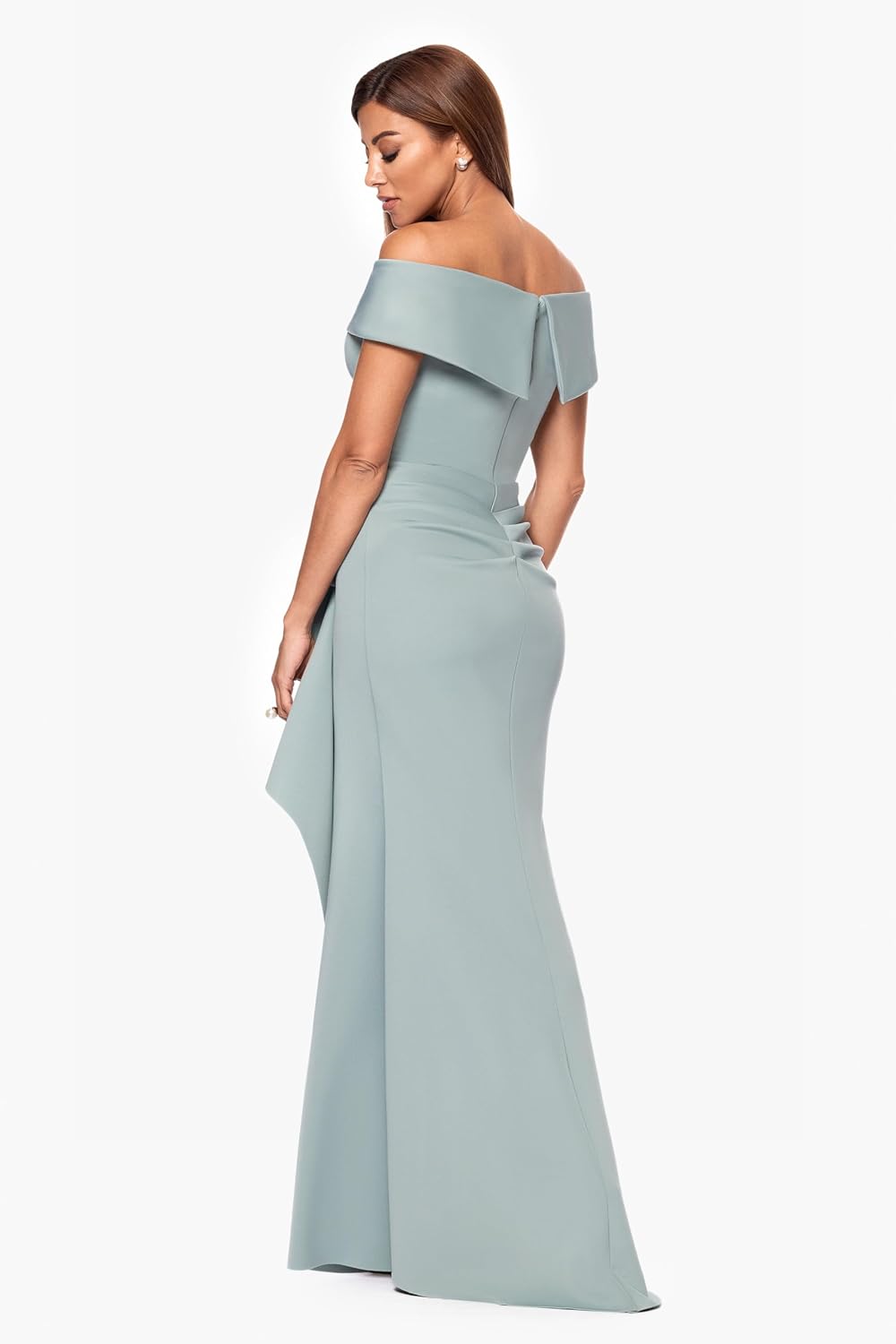 Xscape Women's Sage Petite  Techno Scuba Off the Shoulder Ruffle Floor Length  Dress| Xscape in Lebanon
