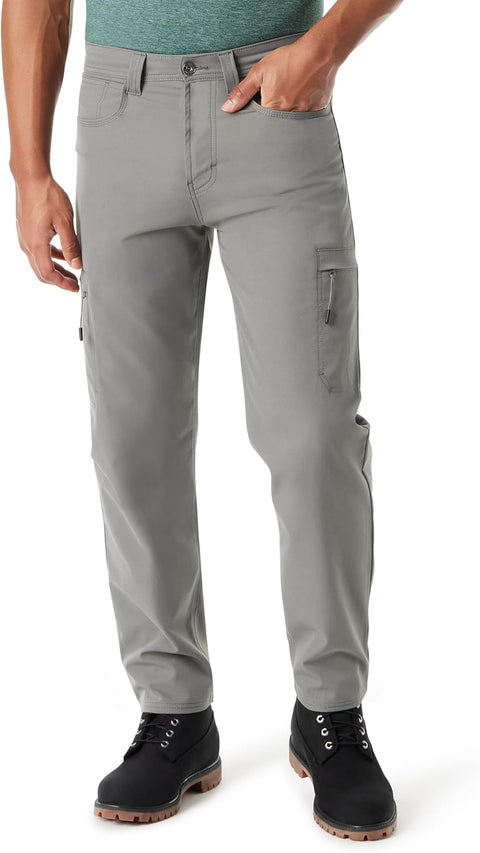 Person wearing gray cargo pants on a white background