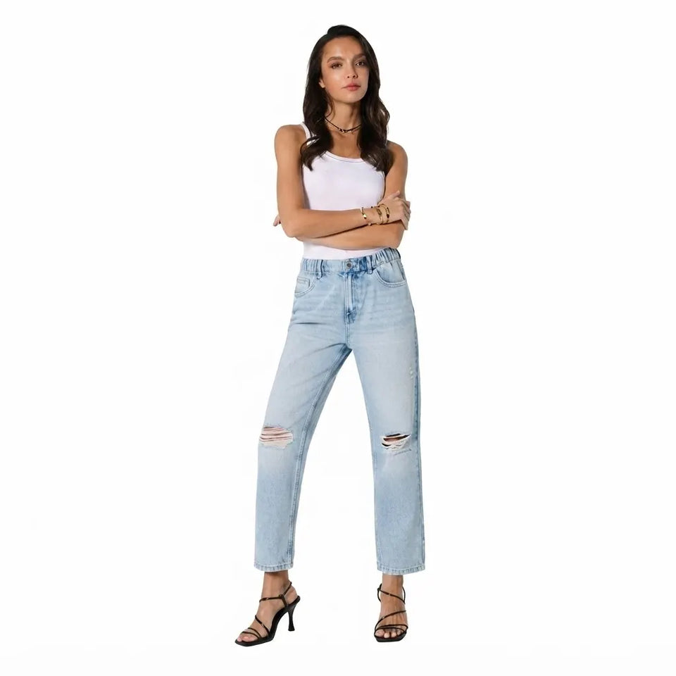 Sinsay Women's Light Blue Distressed High-Rise Mom Jeans