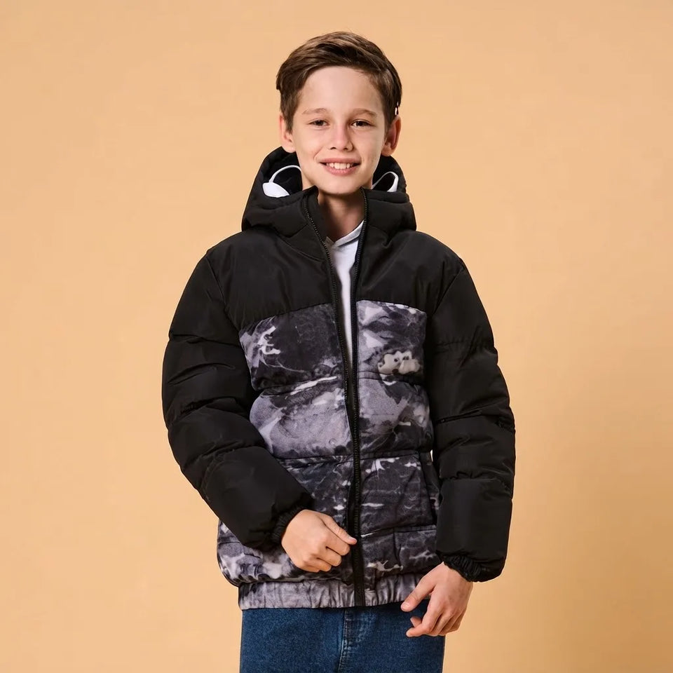 Sinsay Boy's Black Abstract Pattern Hooded Puffer Jacket