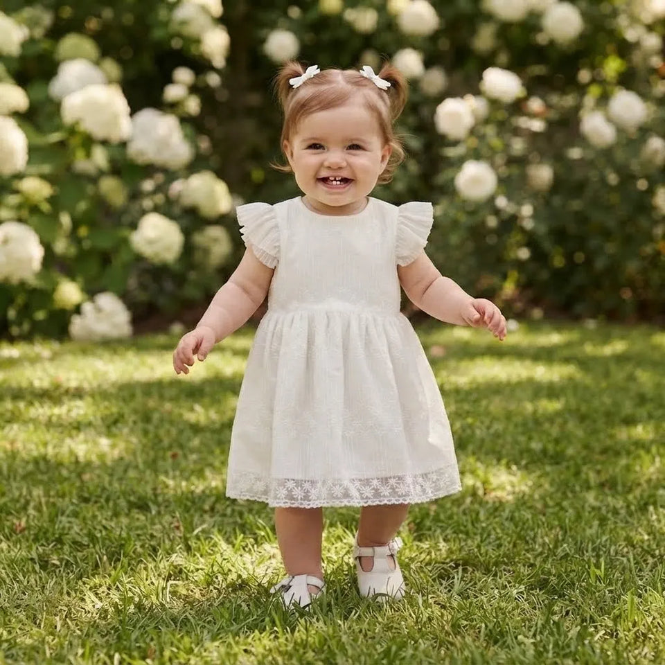 Sinsay Baby Girl's White Embroidered Flutter-Sleeves Mesh Party Dress