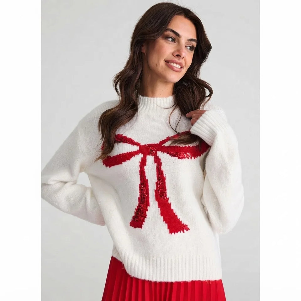 Sinsay Women's White & Red Sequin Bow Graphic Pullover Sweater