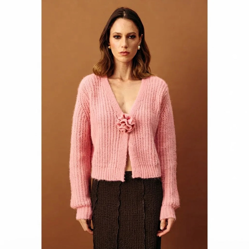 Sinsay Women's Pink Ribbed V-Neck Cardigan