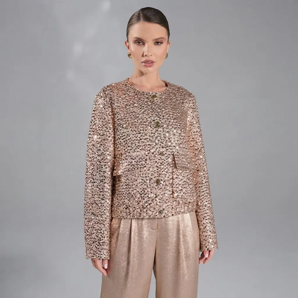 Sinsay Women's Rose-Gold Sequin Snap Buttons Jacket