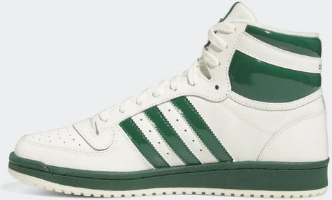 White high-top sneaker with green stripes on a light gray background