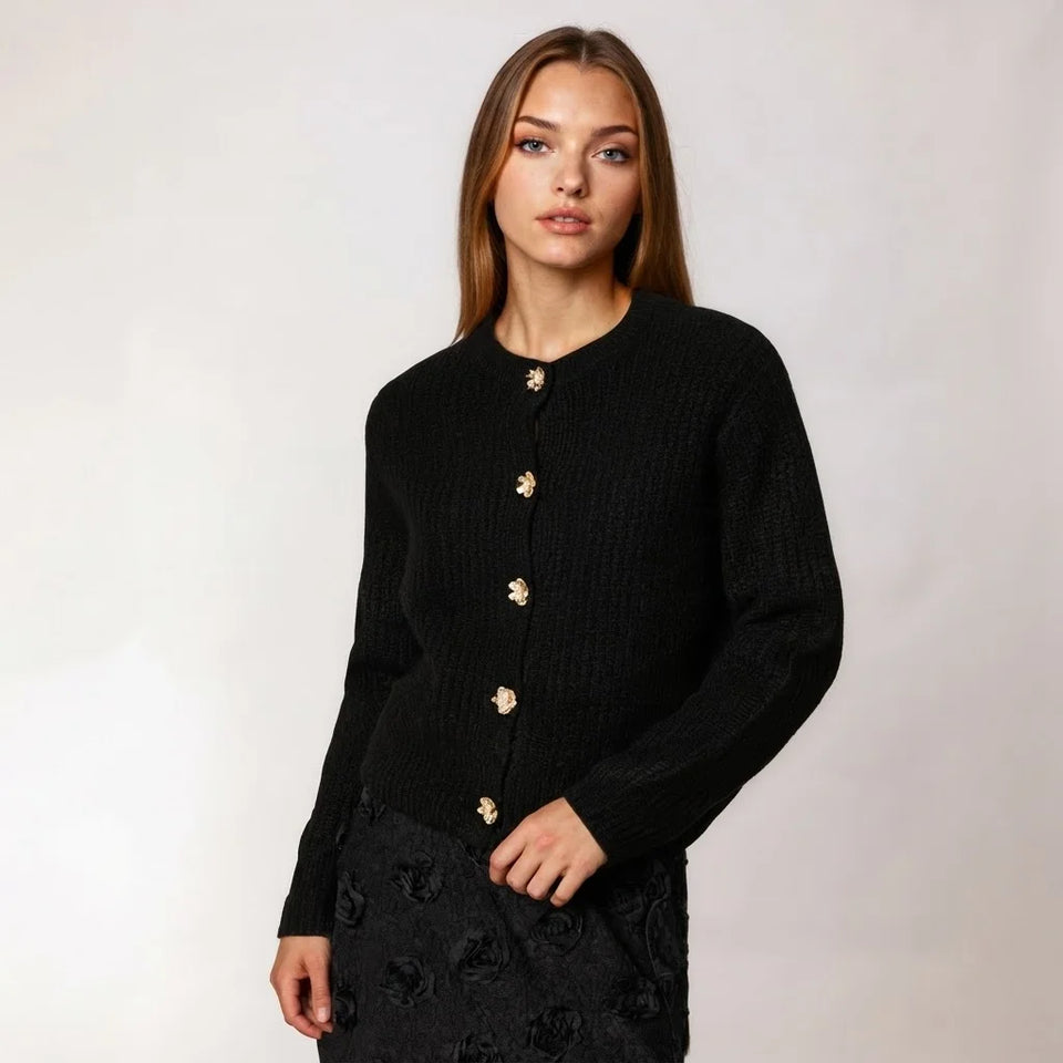 Sinsay Women's Black Flower-Shaped Buttons Ribbed Knit Cardigan