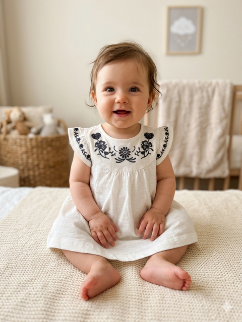 Charanga Baby Girl's White & Black Printed Dress | Charanga In Lebanon