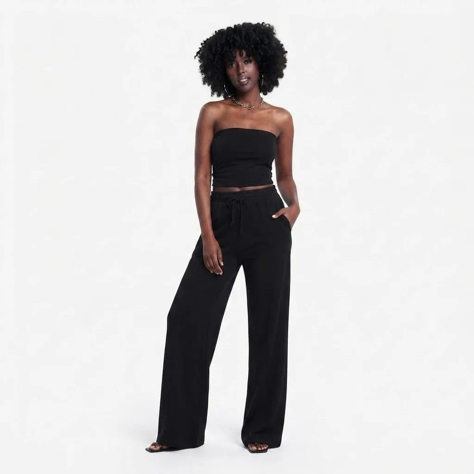 Sinsay Women's Black Wide-Leg Drawstring Pants