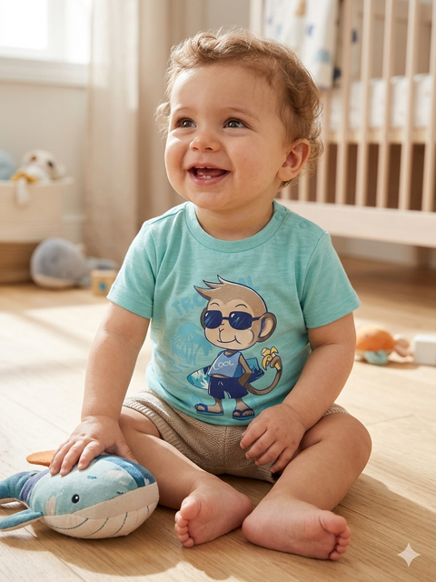 Charanga Baby Boy's Blue Printed Crew Neck T-Shirts | Charanga In Lebanon