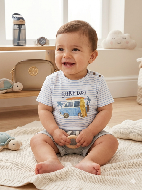 Top.Top Baby Boy's White & Blue Striped Printed T-Shirts | Top.Top In Lebanon