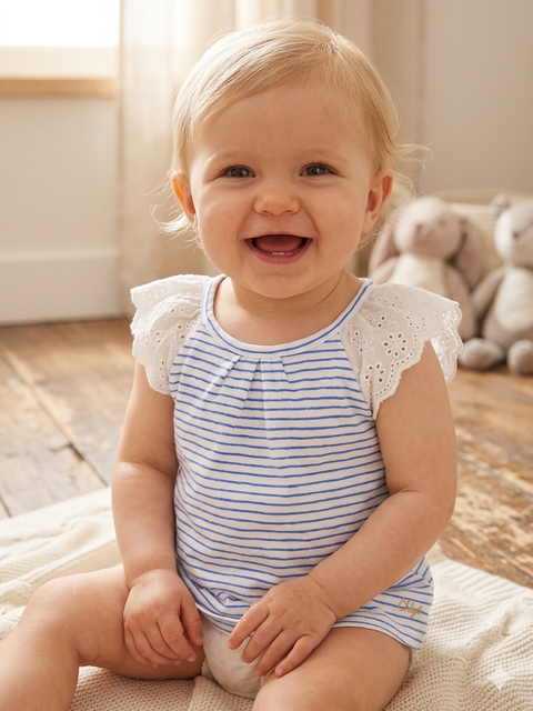 Charanga Baby Girl's White & Blue Striped Sleeveless Blouse | Charanga In Lebanon