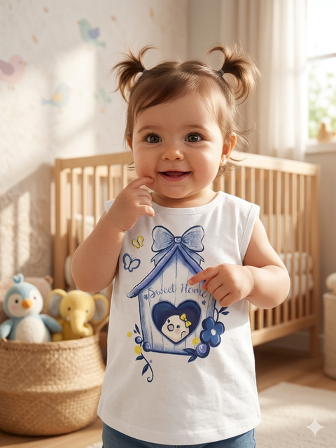 Charanga Baby Girl's White & Blue All Over Printed T-Shirts | Charanga In Lebanon