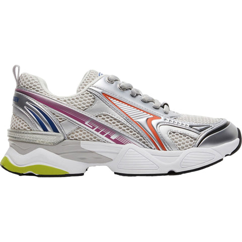 White athletic shoe with colorful accents on a white background